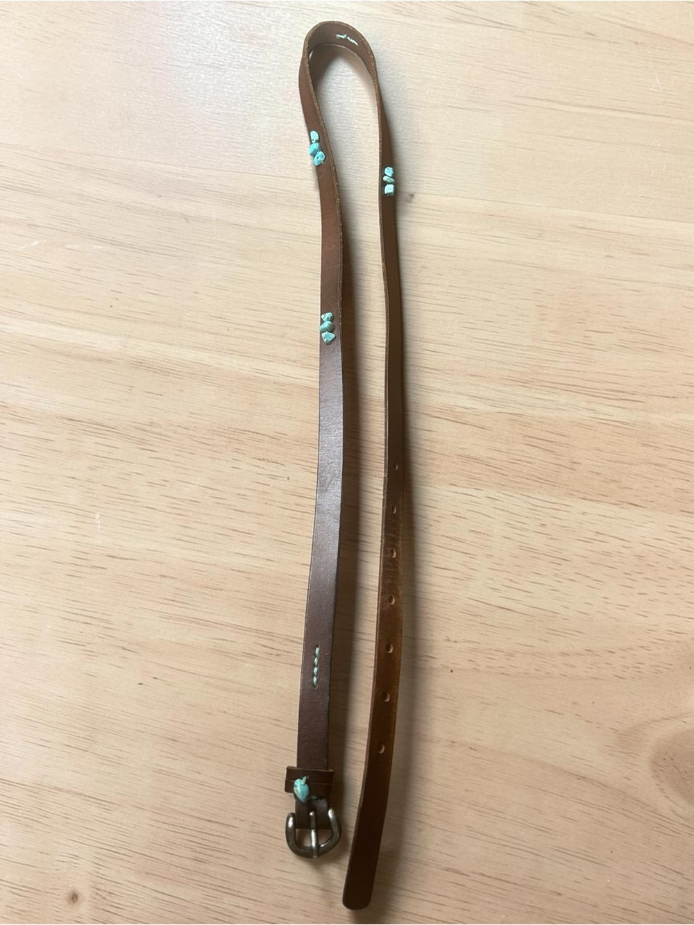 Brown Leather Turquoise-Tone Beaded Belt 45”